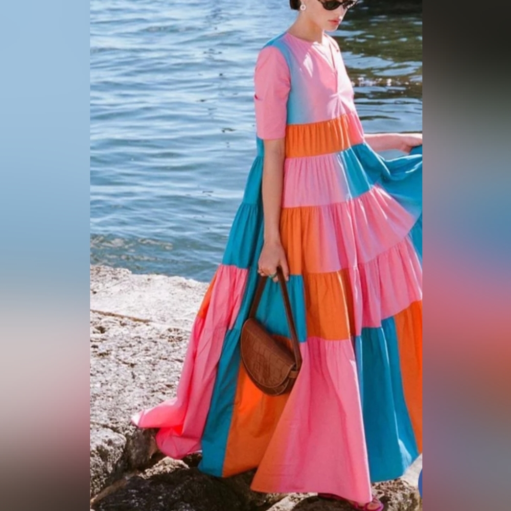 STAUD Pink, Teal and Orange Tiered Maxi Dress